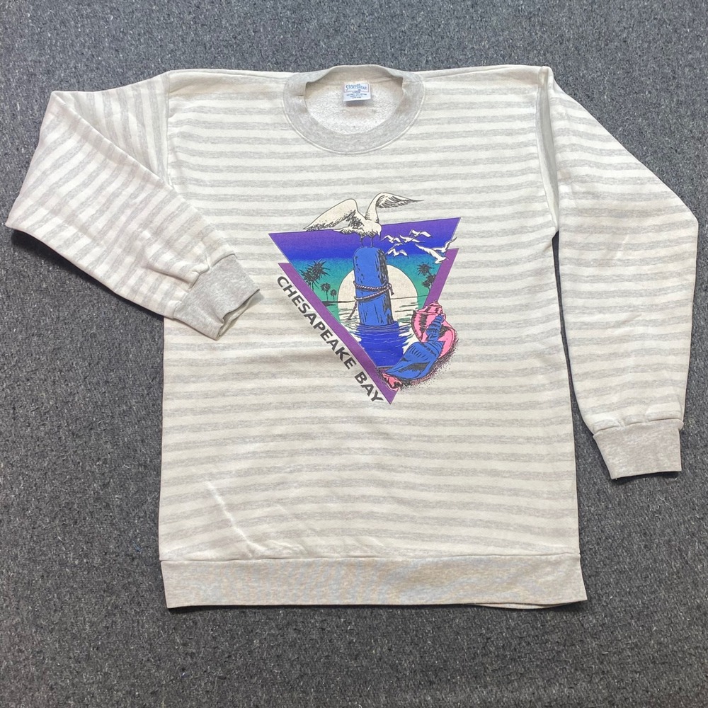 Premier Sportswear‎ Chesapeake Bay Sweatshirt Sz L Mens Gray Stripe Neon Graphic